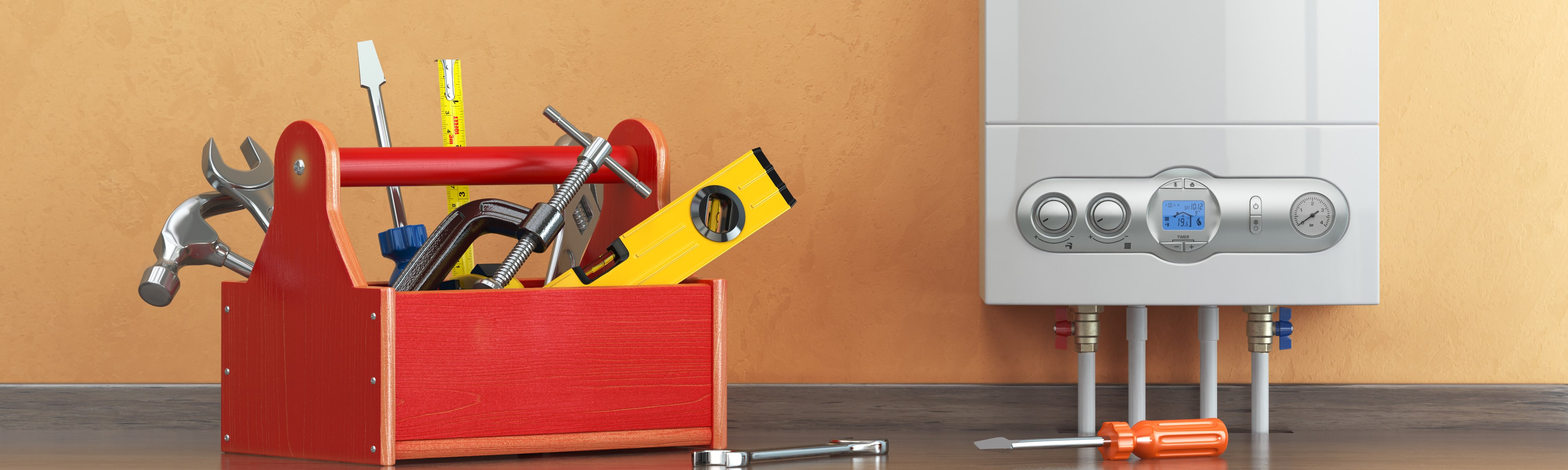 Toolbox with tools sitting next to a water heater.